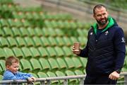 17 March 2023; Head coach Andy Farrell, with his grandson Tommy, during the Ireland rugby captain's run at the Aviva Stadium in Dublin. Photo by Ramsey Cardy/Sportsfile