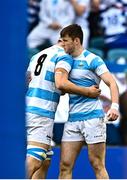 17 March 2023; Tom Brigg of Blackrock College, left, is congratulated by team-mate Oliver Coffey after scoring his side's first try during the Bank of Ireland Leinster Schools Senior Cup Final match between Gonzaga College and Blackrock Collegee at RDS Arena in Dublin. Photo by Sam Barnes/Sportsfile