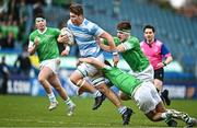 17 March 2023; Michael Colreavy of Blackrock College is tackled by Paul Wilson, top, and Stephen McMahon of Gonzaga College during the Bank of Ireland Leinster Schools Senior Cup Final match between Gonzaga College and Blackrock Collegee at RDS Arena in Dublin. Photo by Sam Barnes/Sportsfile