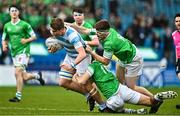 17 March 2023; Michael Colreavy of Blackrock College is tackled by Paul Wilson, top, and Stephen McMahon of Gonzaga College during the Bank of Ireland Leinster Schools Senior Cup Final match between Gonzaga College and Blackrock Collegee at RDS Arena in Dublin. Photo by Sam Barnes/Sportsfile