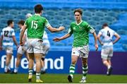 17 March 2023; Tom Brophy of Gonzaga College, right, and team-mate Hugo McLaughlin celebrate their side's third try during the Bank of Ireland Leinster Schools Senior Cup Final match between Gonzaga College and Blackrock Collegee at RDS Arena in Dublin. Photo by Sam Barnes/Sportsfile