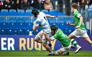 17 March 2023; Conor Tonge of Blackrock College is tackled by Charlie Kennedy of Gonzaga College during the Bank of Ireland Leinster Schools Senior Cup Final match between Gonzaga College and Blackrock Collegee at RDS Arena in Dublin. Photo by Sam Barnes/Sportsfile