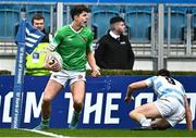 17 March 2023; JP Breslin of Gonzaga College celebrates after scoring his side's fourth try during the Bank of Ireland Leinster Schools Senior Cup Final match between Gonzaga College and Blackrock Collegee at RDS Arena in Dublin. Photo by Sam Barnes/Sportsfile