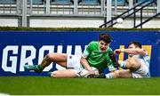 17 March 2023; JP Breslin of Gonzaga College scores his side's fourth try despite the efforts of Oliver Coffey of Blackrock College during the Bank of Ireland Leinster Schools Senior Cup Final match between Gonzaga College and Blackrock Collegee at RDS Arena in Dublin. Photo by Sam Barnes/Sportsfile