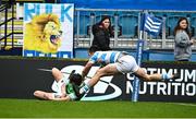 17 March 2023; JP Breslin of Gonzaga College scores his side's fourth try despite the efforts of Oliver Coffey of Blackrock College during the Bank of Ireland Leinster Schools Senior Cup Final match between Gonzaga College and Blackrock Collegee at RDS Arena in Dublin. Photo by Sam Barnes/Sportsfile