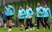 17 March 2023; Manu Tuilagi, right, and Owen Farrell during England rugby captain's run at the Aviva Stadium in Dublin. Photo by Ramsey Cardy/Sportsfile