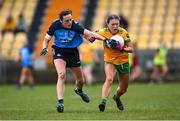 17 March 2023; Tara Hegarty of Donegal is tackled by Hannah Tyrrell of Dublin during the Lidl Ladies National Football League Division 1 match between Donegal and Dublin at O’Donnell Park in Letterkenny, Donegal. Photo by Stephen McCarthy/Sportsfile