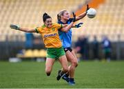 17 March 2023; Shelly Twohig of Donegal in action against Ellen Gribben of Dublin during the Lidl Ladies National Football League Division 1 match between Donegal and Dublin at O’Donnell Park in Letterkenny, Donegal. Photo by Stephen McCarthy/Sportsfile