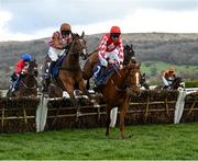 17 March 2023; Pied Piper, with Davy Russell up, who finished second, leads the eventual winner Faivoir, with Bridget Andrews up, over the last during the McCoy Contractors County Handicap Hurdle during day four of the Cheltenham Racing Festival at Prestbury Park in Cheltenham, England. Photo by Harry Murphy/Sportsfile