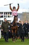 17 March 2023; Jockey Bridget Andrews celebrates on Faivoir as they are led into the winners enclosure after the McCoy Contractors County Handicap Hurdle during day four of the Cheltenham Racing Festival at Prestbury Park in Cheltenham, England. Photo by Seb Daly/Sportsfile Photo by Harry Murphy/Sportsfile