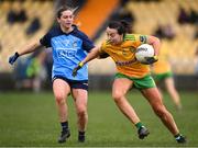 17 March 2023; Nicole McLaughlin of Donegal in action against Martha Byrne of Dublin during the Lidl Ladies National Football League Division 1 match between Donegal and Dublin at O’Donnell Park in Letterkenny, Donegal. Photo by Stephen McCarthy/Sportsfile