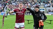 17 March 2023; Eoin McElholm of Omagh CBS celebrates with Omagh CBS manager Diarmuid McNulty after the Masita GAA Post Primary Schools Hogan Cup Final match between Summerhill College Sligo and Omagh CBS at Croke Park in Dublin. Photo by Stephen Marken/Sportsfile