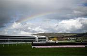 17 March 2023; A rainbow is seen, over the last chase fence, during day four of the Cheltenham Racing Festival at Prestbury Park in Cheltenham, England. Photo by Harry Murphy/Sportsfile