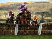 17 March 2023; Stay Away Fay, with Harry Cobden up, jumps the last on their way to winning the Albert Bartlett Novices' Hurdle during day four of the Cheltenham Racing Festival at Prestbury Park in Cheltenham, England. Photo by Harry Murphy/Sportsfile