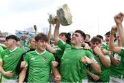 17 March 2023; Gonzaga College captain Paul Wilson celebrates with the cup alongside his teammates after the Bank of Ireland Leinster Schools Senior Cup Final match between Gonzaga College and Blackrock Collegee at RDS Arena in Dublin. Photo by Sam Barnes/Sportsfile