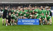 17 March 2023; Gonzaga College players celebrates with the cup after the Bank of Ireland Leinster Schools Senior Cup Final match between Gonzaga College and Blackrock Collegee at RDS Arena in Dublin. Photo by Sam Barnes/Sportsfile