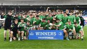 17 March 2023; Gonzaga College players celebrates with the cup after the Bank of Ireland Leinster Schools Senior Cup Final match between Gonzaga College and Blackrock Collegee at RDS Arena in Dublin. Photo by Sam Barnes/Sportsfile