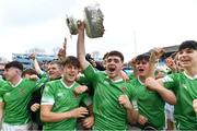 17 March 2023; Gonzaga College captain Paul Wilson celebrates with the cup alongside his teammates after the Bank of Ireland Leinster Schools Senior Cup Final match between Gonzaga College and Blackrock Collegee at RDS Arena in Dublin. Photo by Sam Barnes/Sportsfile