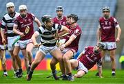 17 March 2023; Harry Shine of St. Kieran's College Kilkenny in action against Tiarnán Leen of Presentation College Athenry during the Masita GAA Post Primary Schools Croke Cup Final match between St. Kieran's College Kilkenny and Presentation College Athenry at Croke Park in Dublin. Photo by Stephen Marken/Sportsfile