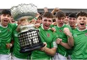 17 March 2023; Gonzaga College players, including captain Paul Wilson, centre, celebrate with the cup after the Bank of Ireland Leinster Schools Senior Cup Final match between Gonzaga College and Blackrock Collegee at RDS Arena in Dublin. Photo by Sam Barnes/Sportsfile