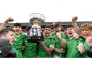 17 March 2023; Gonzaga College players, including captain Paul Wilson, centre, celebrate with the cup after the Bank of Ireland Leinster Schools Senior Cup Final match between Gonzaga College and Blackrock Collegee at RDS Arena in Dublin. Photo by Sam Barnes/Sportsfile