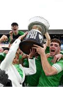 17 March 2023; Gonzaga College captain Paul Wilson is presented with cup by his mother Noreen Wilson after the Bank of Ireland Leinster Schools Senior Cup Final match between Gonzaga College and Blackrock Collegee at RDS Arena in Dublin. Photo by Sam Barnes/Sportsfile