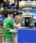 17 March 2023; Gonzaga College captain Paul Wilson is congratulated by his mother Noreen Wilson after his side's victory in the Bank of Ireland Leinster Schools Senior Cup Final match between Gonzaga College and Blackrock Collegee at RDS Arena in Dublin. Photo by Sam Barnes/Sportsfile