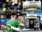 17 March 2023; Gonzaga College captain Paul Wilson is congratulated by his mother Noreen Wilson after his side's victory in the Bank of Ireland Leinster Schools Senior Cup Final match between Gonzaga College and Blackrock Collegee at RDS Arena in Dublin. Photo by Sam Barnes/Sportsfile
