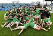 17 March 2023; Gonzaga College players celebrate with cup after their side's victory in the Bank of Ireland Leinster Schools Senior Cup Final match between Gonzaga College and Blackrock Collegee at RDS Arena in Dublin. Photo by Sam Barnes/Sportsfile