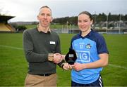 17 March 2023; Orlagh Nolan of Dublin in presented with the Player of the Match award by Michael McGrory, Sales Operation Manager, Lidl Ireland, following the Lidl Ladies National Football League Division 1 match between Donegal and Dublin at O’Donnell Park in Letterkenny, Donegal. Photo by Stephen McCarthy/Sportsfile