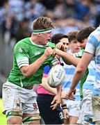 17 March 2023; Tom Myley of Gonzaga College, left, celebrates with team-mate Finn O'Neill after scoring his side's fifth try during the Bank of Ireland Leinster Schools Senior Cup Final match between Gonzaga College and Blackrock Collegee at RDS Arena in Dublin. Photo by Sam Barnes/Sportsfile