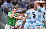 17 March 2023; Tom Myley of Gonzaga College, left, celebrates with team-mate Finn O'Neill after scoring his side's fifth try during the Bank of Ireland Leinster Schools Senior Cup Final match between Gonzaga College and Blackrock Collegee at RDS Arena in Dublin. Photo by Sam Barnes/Sportsfile