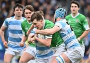 17 March 2023; Patrick Masterson of Gonzaga College is tackled by Conall Hodges of Blackrock College during the Bank of Ireland Leinster Schools Senior Cup Final match between Gonzaga College and Blackrock Collegee at RDS Arena in Dublin. Photo by Sam Barnes/Sportsfile