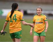 17 March 2023; Niamh McLaughlin, right, and Katy Herron of Donegal after the Lidl Ladies National Football League Division 1 match between Donegal and Dublin at O’Donnell Park in Letterkenny, Donegal. Photo by Stephen McCarthy/Sportsfile