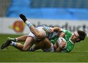 17 March 2023; Mikey Wall of Gonzaga College is tackled by Oliver Coffey of Blackrock College during the Bank of Ireland Leinster Schools Senior Cup Final match between Gonzaga College and Blackrock Collegee at RDS Arena in Dublin. Photo by Sam Barnes/Sportsfile