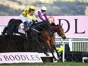 17 March 2023; Galopin Des Champs, left, with Paul Townend up, jump clear of Bravemansgame, with Harry Cobden up, over the last on their way to winning the Boodles Cheltenham Gold Cup Chase during day four of the Cheltenham Racing Festival at Prestbury Park in Cheltenham, England. Photo by Harry Murphy/Sportsfile