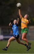 17 March 2023; Saskia Boyle of Donegal in action against Caitlin Coffey of Dublin during the Lidl Ladies National Football League Division 1 match between Donegal and Dublin at O’Donnell Park in Letterkenny, Donegal. Photo by Stephen McCarthy/Sportsfile