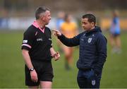 17 March 2023; Donegal manager Maxi Curran speaks with referee Anthony Marron after the Lidl Ladies National Football League Division 1 match between Donegal and Dublin at O’Donnell Park in Letterkenny, Donegal. Photo by Stephen McCarthy/Sportsfile