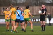 17 March 2023; Referee Anthony Marron prepares to throw in the ball during the Lidl Ladies National Football League Division 1 match between Donegal and Dublin at O’Donnell Park in Letterkenny, Donegal. Photo by Stephen McCarthy/Sportsfile