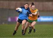 17 March 2023; Aoife Kane of Dublin in action against Roisin Rodgers of Donegal during the Lidl Ladies National Football League Division 1 match between Donegal and Dublin at O’Donnell Park in Letterkenny, Donegal. Photo by Stephen McCarthy/Sportsfile