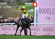 17 March 2023; Jockey Paul Townend celebrates on Galopin Des Champs after winning the Boodles Cheltenham Gold Cup Chase during day four of the Cheltenham Racing Festival at Prestbury Park in Cheltenham, England. Photo by Seb Daly/Sportsfile
