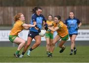 17 March 2023; Niamh Hetherton of Dublin in action against Evelyn McGinley, left, and Katie Dowds of Donegal during the Lidl Ladies National Football League Division 1 match between Donegal and Dublin at O’Donnell Park in Letterkenny, Donegal. Photo by Stephen McCarthy/Sportsfile