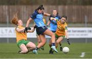 17 March 2023; Niamh Hetherton of Dublin in action against Evelyn McGinley, left, and Katie Dowds of Donegal during the Lidl Ladies National Football League Division 1 match between Donegal and Dublin at O’Donnell Park in Letterkenny, Donegal. Photo by Stephen McCarthy/Sportsfile