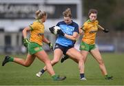 17 March 2023; Jennifer Dunne of Dublin in action against Saskia Boyle, left, and Katie Dowds of Donegal during the Lidl Ladies National Football League Division 1 match between Donegal and Dublin at O’Donnell Park in Letterkenny, Donegal. Photo by Stephen McCarthy/Sportsfile