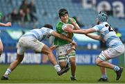 17 March 2023; Charlie Kennedy of Gonzaga College in action against Luke Kritzinger, left, and Conall Hodges of Blackrock College during the Bank of Ireland Leinster Schools Senior Cup Final match between Gonzaga College and Blackrock Collegee at RDS Arena in Dublin. Photo by Sam Barnes/Sportsfile