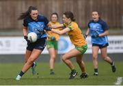 17 March 2023; Niamh Hetherton of Dublin in action against Katie Dowds of Donegal during the Lidl Ladies National Football League Division 1 match between Donegal and Dublin at O’Donnell Park in Letterkenny, Donegal. Photo by Stephen McCarthy/Sportsfile