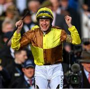 17 March 2023; Jockey Paul Townend celebrates after winning the Boodles Cheltenham Gold Cup Chase on Galopin Des Champs during day four of the Cheltenham Racing Festival at Prestbury Park in Cheltenham, England. Photo by Seb Daly/Sportsfile