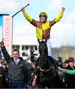 17 March 2023; Jockey Paul Townend celebrates after winning the Boodles Cheltenham Gold Cup Chase on Galopin Des Champs during day four of the Cheltenham Racing Festival at Prestbury Park in Cheltenham, England. Photo by Harry Murphy/Sportsfile
