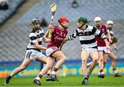 17 March 2023; Darragh McCartin of Presentation College Athenry in action against Pádraig Naddy and Killian Corcoran of St. Kieran's College Kilkenny during the Masita GAA Post Primary Schools Croke Cup Final match between St. Kieran's College Kilkenny and Presentation College Athenry at Croke Park in Dublin. Photo by Stephen Marken/Sportsfile