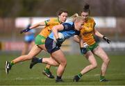 17 March 2023; Jodi Egan of Dublin in action against Katie Dowds and Roisin Rodgers, right, of Donegal during the Lidl Ladies National Football League Division 1 match between Donegal and Dublin at O’Donnell Park in Letterkenny, Donegal. Photo by Stephen McCarthy/Sportsfile